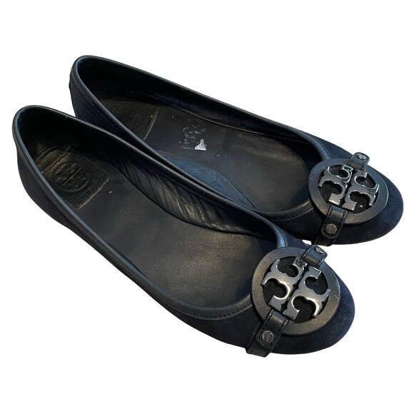 Tory Burch Black Suede Ballet Flats Big Logo SZ 8.5 Classic Designer Shoes - Picture 1 of 10
